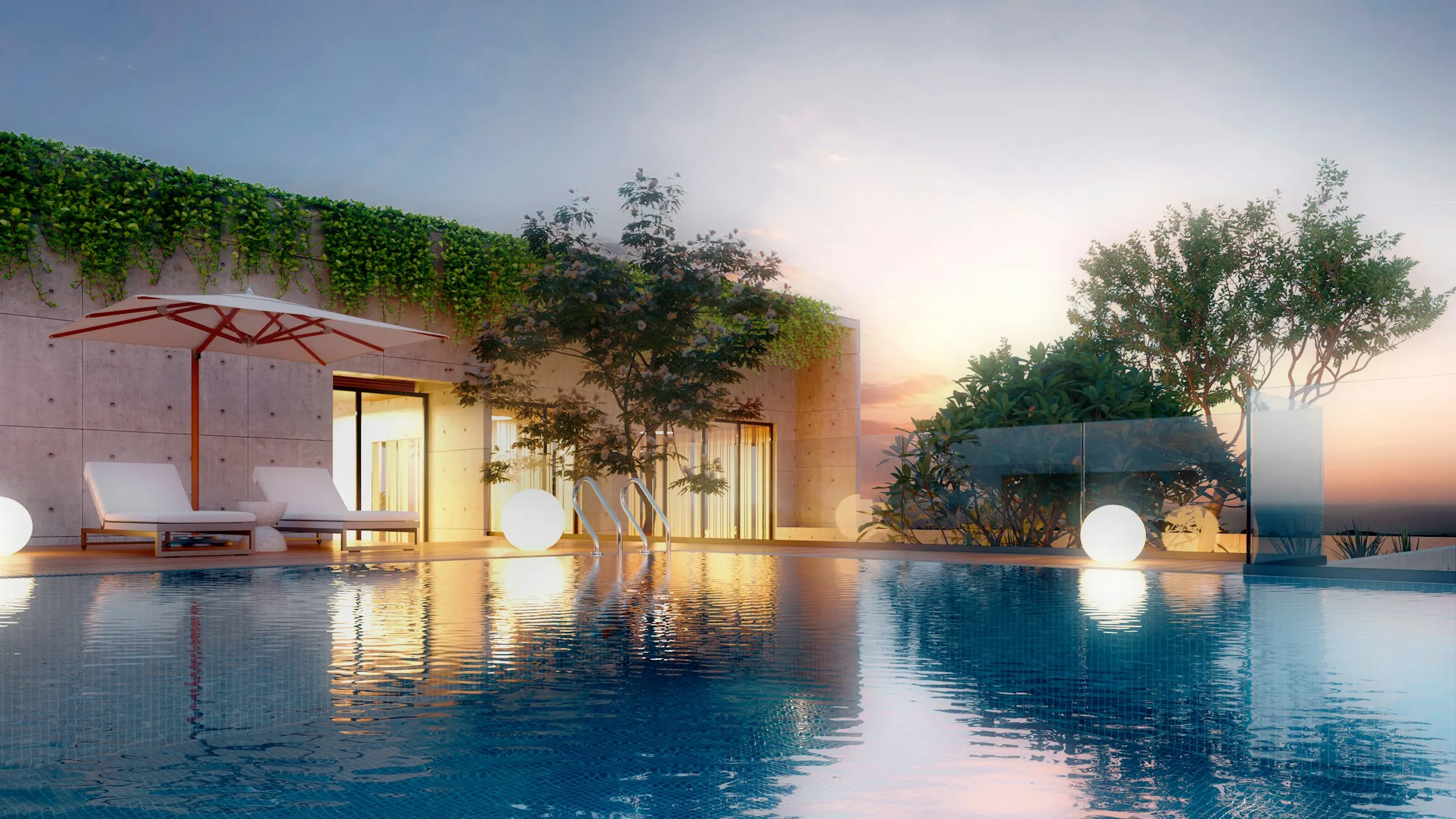 Villa met zwembad en zachte lichtjes bij zonsondergang